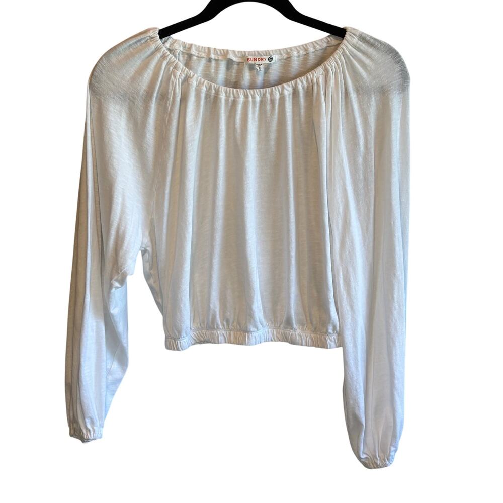 Sundry White Textured Cotton Long Sleeve Cropped Tee - size 1 (Small)